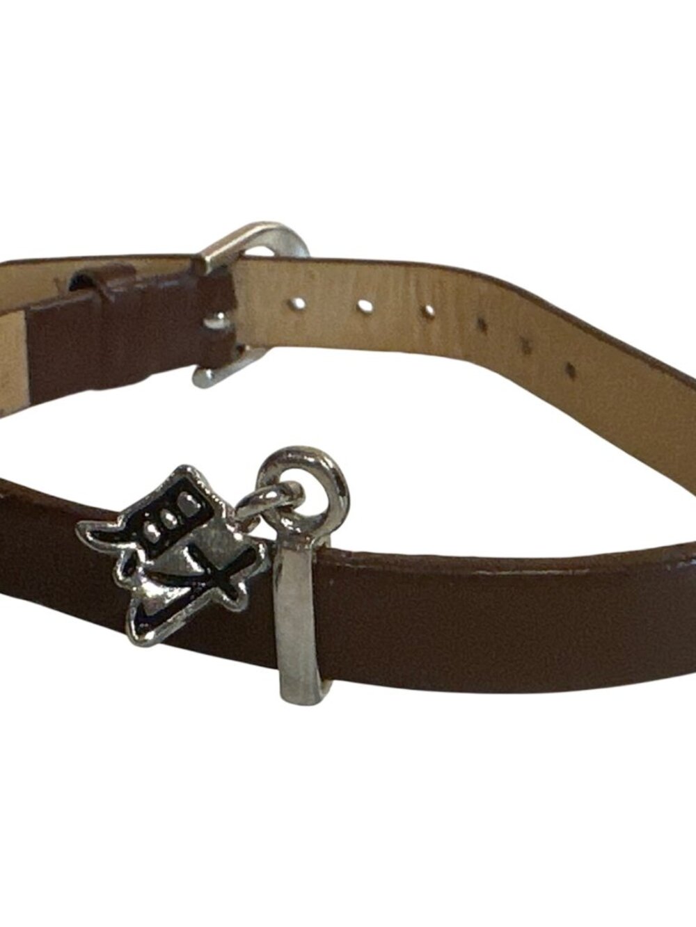 Adjustable Brown Leather Bracelet Silver-Tone Chinese Character Charms Minimalis